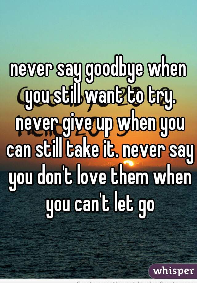 never say goodbye when you still want to try. never give up when you can still take it. never say you don't love them when you can't let go