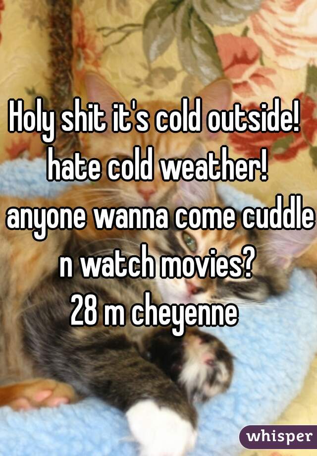 Holy shit it's cold outside!  hate cold weather!  anyone wanna come cuddle n watch movies? 
28 m cheyenne 