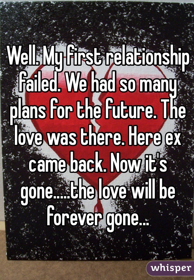 Well. My first relationship failed. We had so many plans for the future. The love was there. Here ex came back. Now it's gone.....the love will be forever gone...