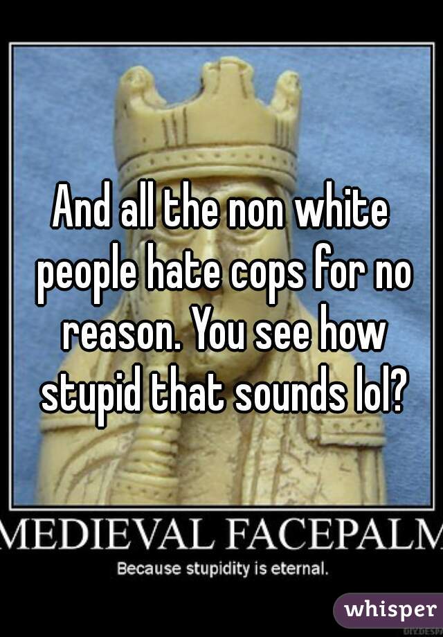 And all the non white people hate cops for no reason. You see how stupid that sounds lol?