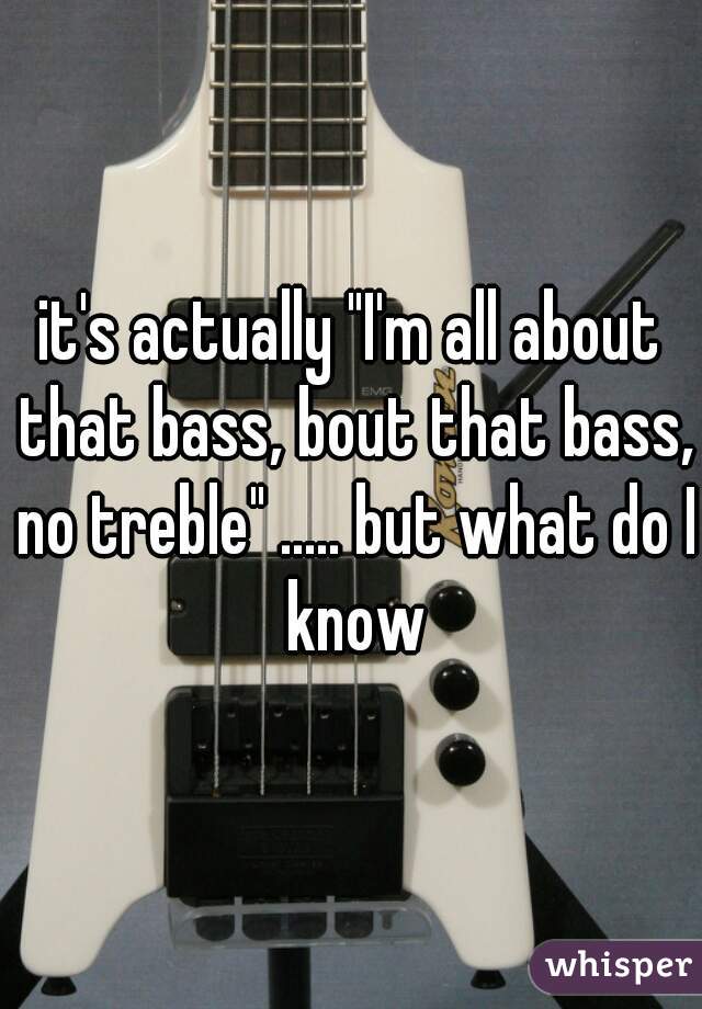 it's actually "I'm all about that bass, bout that bass, no treble" ..... but what do I know