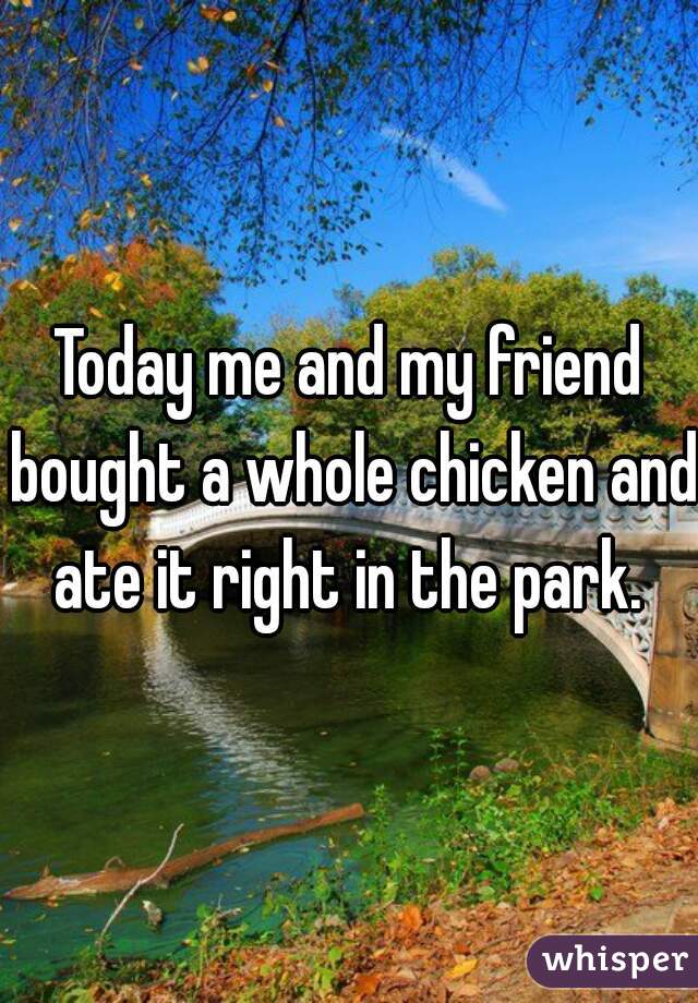 Today me and my friend bought a whole chicken and ate it right in the park. 