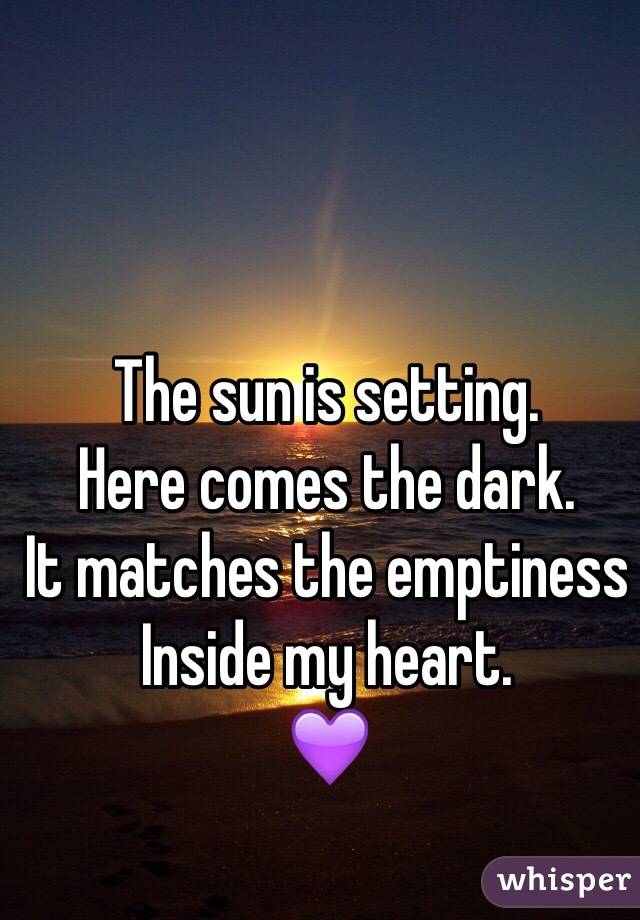 The sun is setting.
Here comes the dark.
It matches the emptiness
Inside my heart.
💜