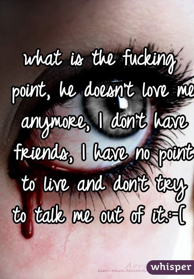 what is the fucking point, he doesn't love me anymore, I don't have friends, I have no point to live and don't try to talk me out of it.:-[ 