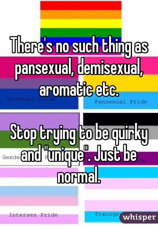 There's no such thing as pansexual, demisexual, aromatic etc. 

Stop trying to be quirky and "unique". Just be normal. 