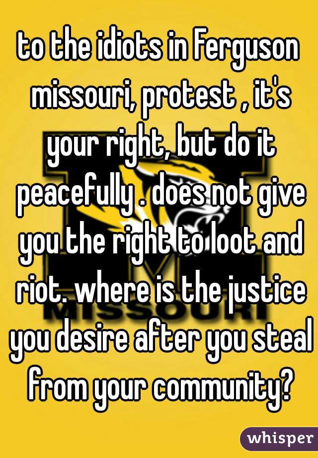 to the idiots in Ferguson missouri, protest , it's your right, but do it peacefully . does not give you the right to loot and riot. where is the justice you desire after you steal from your community?