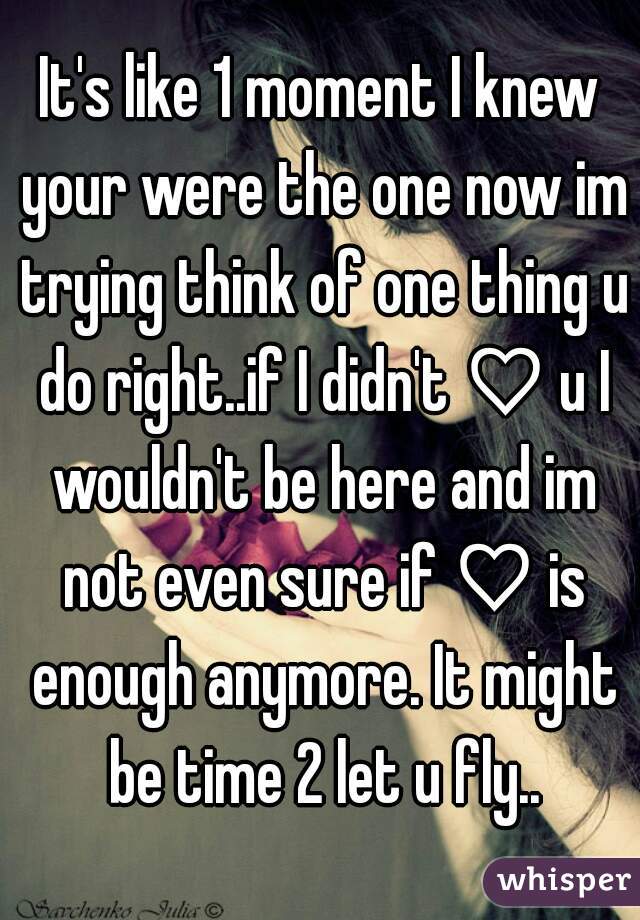 It's like 1 moment I knew your were the one now im trying think of one thing u do right..if I didn't ♡ u I wouldn't be here and im not even sure if ♡ is enough anymore. It might be time 2 let u fly..