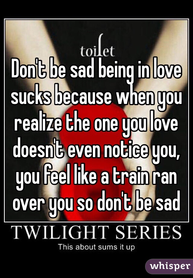 Don't be sad being in love sucks because when you realize the one you love doesn't even notice you, you feel like a train ran over you so don't be sad 