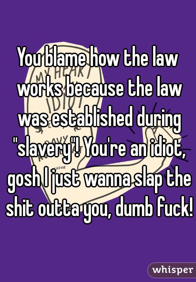 You blame how the law works because the law was established during "slavery"! You're an idiot, gosh I just wanna slap the shit outta you, dumb fuck!