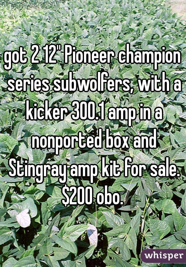 got 2 12" Pioneer champion series subwolfers, with a kicker 300.1 amp in a nonported box and Stingray amp kit for sale. $200 obo. 