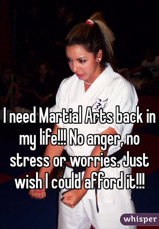 I need Martial Arts back in my life!!! No anger, no stress or worries. Just wish I could afford it!!! 