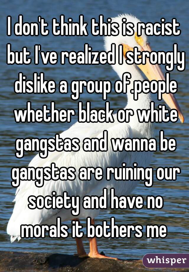 I don't think this is racist but I've realized I strongly dislike a group of.people whether black or white gangstas and wanna be gangstas are ruining our society and have no morals it bothers me 