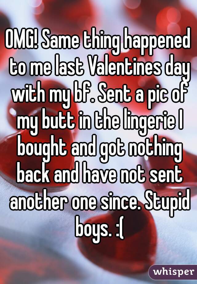 OMG! Same thing happened to me last Valentines day with my bf. Sent a pic of my butt in the lingerie I bought and got nothing back and have not sent another one since. Stupid boys. :(