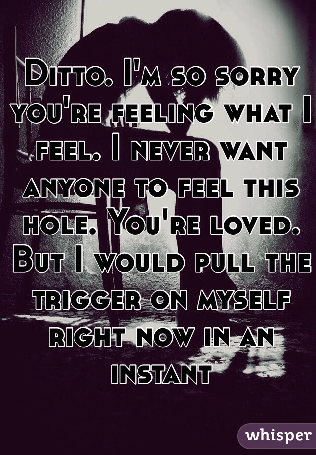 Ditto. I'm so sorry you're feeling what I feel. I never want anyone to feel this hole. You're loved. 
But I would pull the trigger on myself right now in an instant