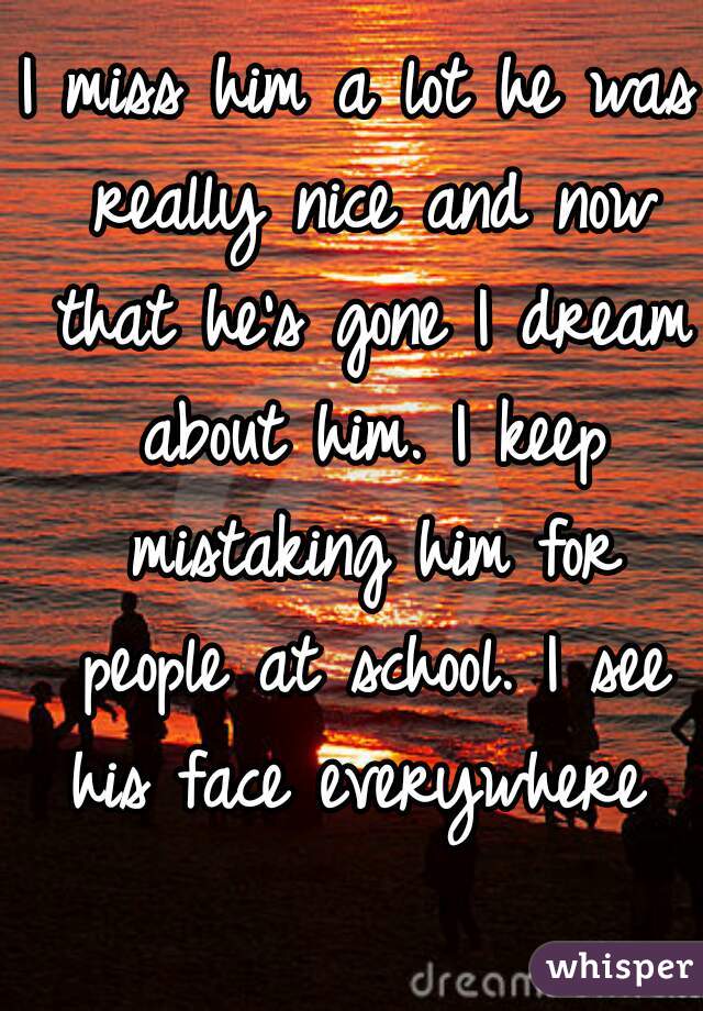 I miss him a lot he was really nice and now that he's gone I dream about him. I keep mistaking him for people at school. I see his face everywhere 