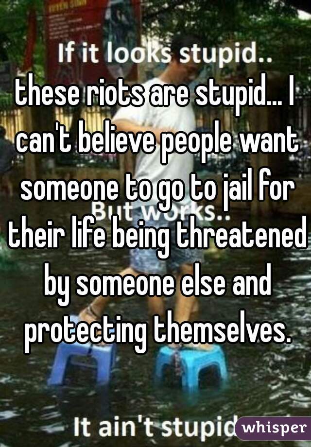 these riots are stupid... I can't believe people want someone to go to jail for their life being threatened by someone else and protecting themselves.