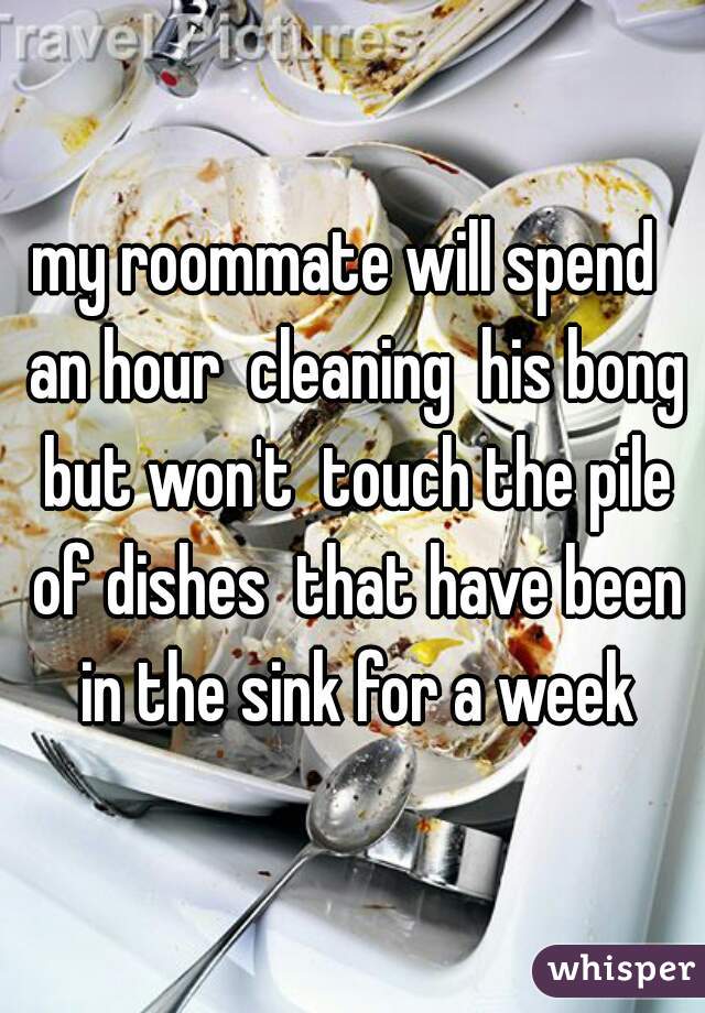 my roommate will spend  an hour  cleaning  his bong but won't  touch the pile of dishes  that have been in the sink for a week