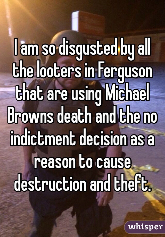 I am so disgusted by all the looters in Ferguson that are using Michael Browns death and the no indictment decision as a reason to cause destruction and theft.