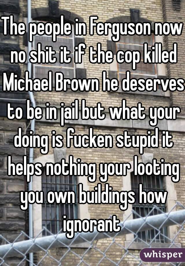 The people in Ferguson now no shit it if the cop killed Michael Brown he deserves to be in jail but what your doing is fucken stupid it helps nothing your looting you own buildings how ignorant 