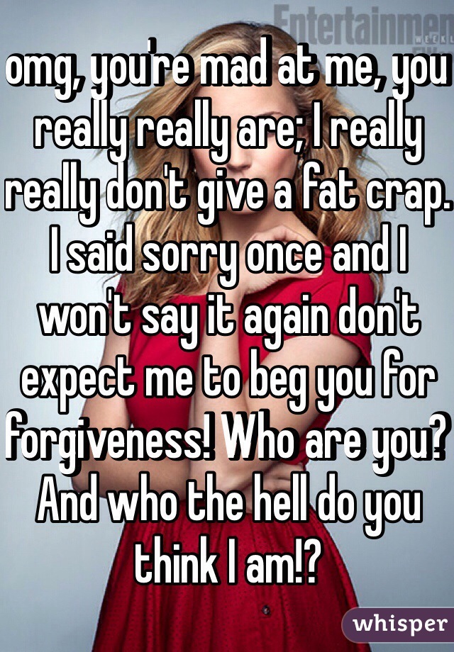 omg, you're mad at me, you really really are; I really really don't give a fat crap. I said sorry once and I won't say it again don't expect me to beg you for forgiveness! Who are you? And who the hell do you think I am!? 