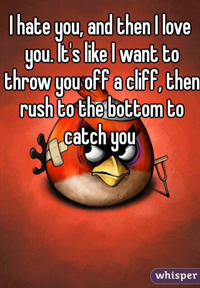 I hate you, and then I love you. It's like I want to throw you off a cliff, then rush to the bottom to catch you 