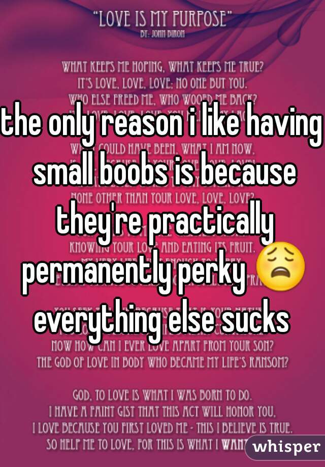 the only reason i like having small boobs is because they're practically permanently perky 😩 everything else sucks 