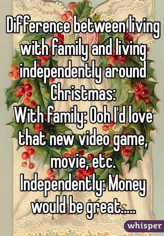 Difference between living with family and living independently around Christmas:
With family: Ooh I'd love that new video game, movie, etc.
Independently: Money would be great.....