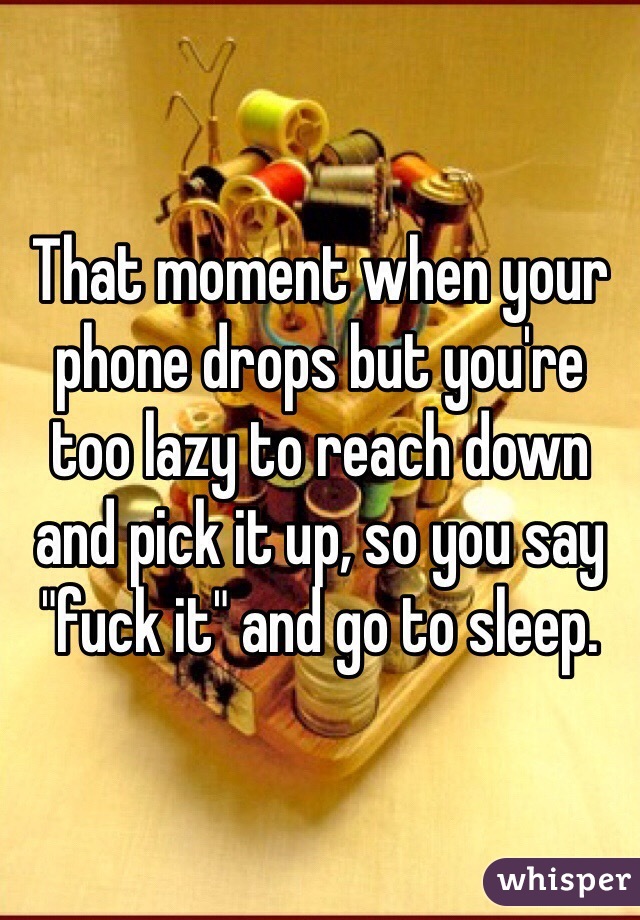 That moment when your phone drops but you're too lazy to reach down and pick it up, so you say "fuck it" and go to sleep. 