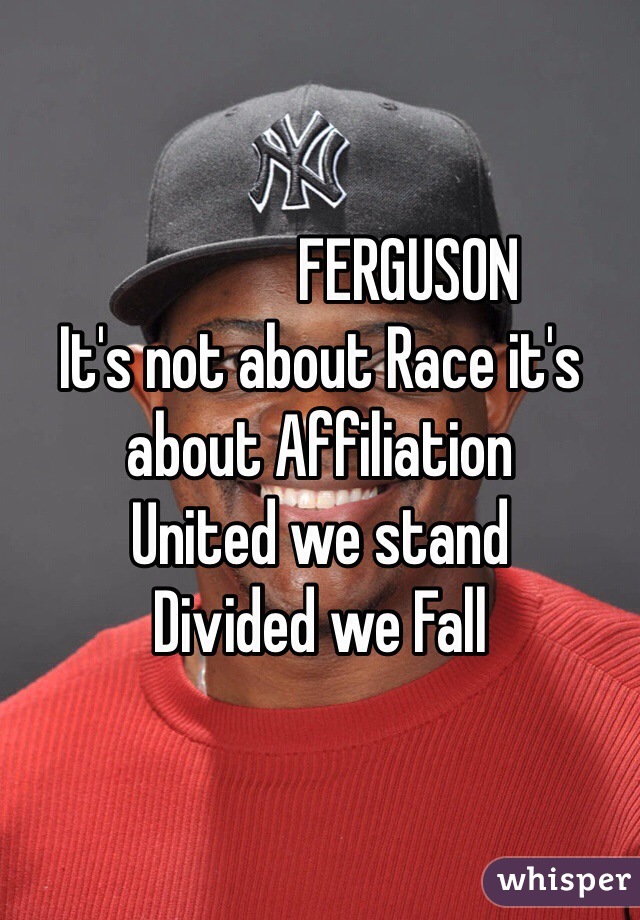               FERGUSON 
It's not about Race it's about Affiliation 
United we stand 
Divided we Fall