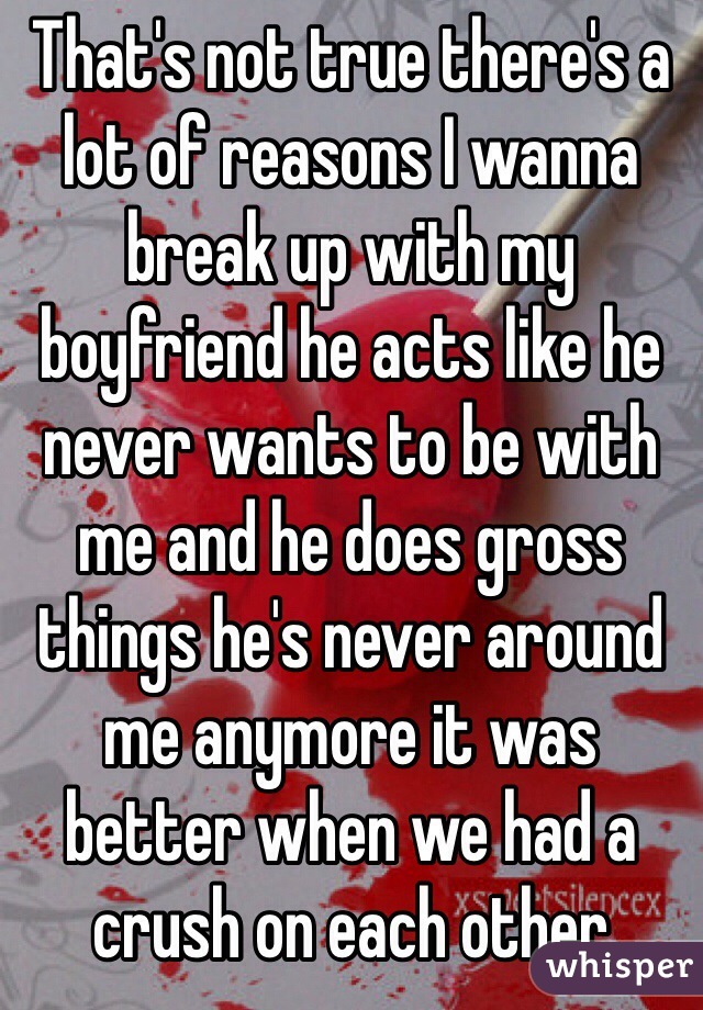 That's not true there's a lot of reasons I wanna break up with my boyfriend he acts like he never wants to be with me and he does gross things he's never around me anymore it was better when we had a crush on each other 