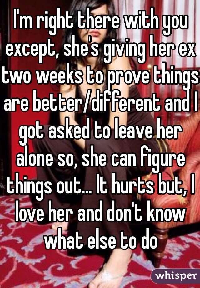 I'm right there with you except, she's giving her ex two weeks to prove things are better/different and I got asked to leave her alone so, she can figure things out... It hurts but, I love her and don't know what else to do