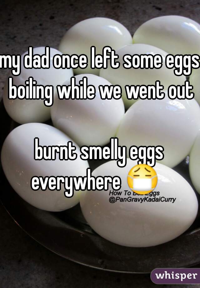my dad once left some eggs boiling while we went out

burnt smelly eggs everywhere 😷    