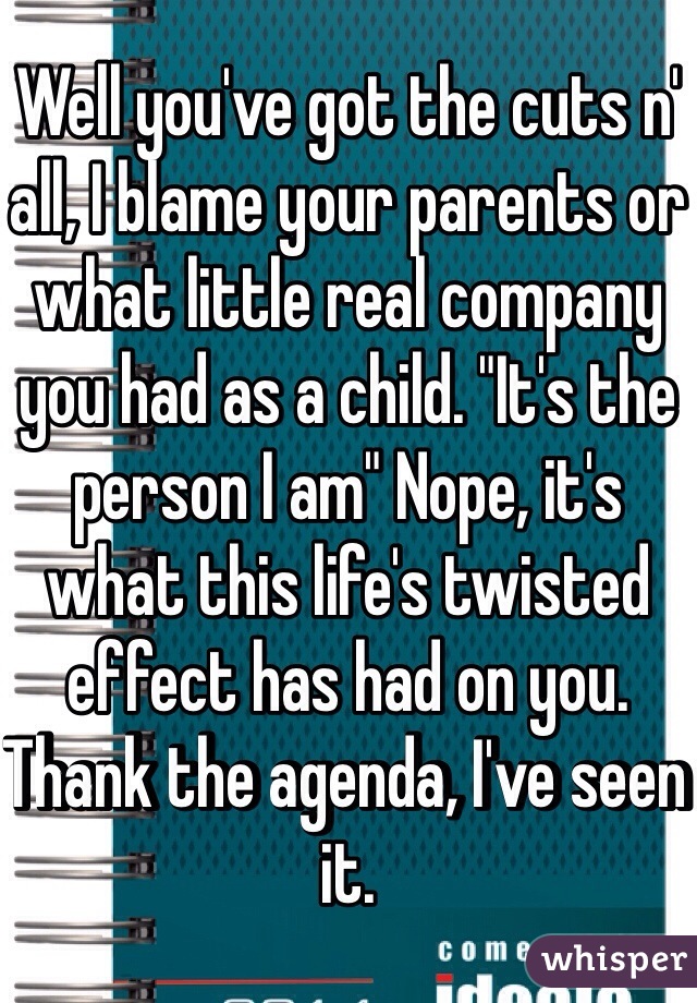 Well you've got the cuts n' all, I blame your parents or what little real company you had as a child. "It's the person I am" Nope, it's what this life's twisted effect has had on you. Thank the agenda, I've seen it.