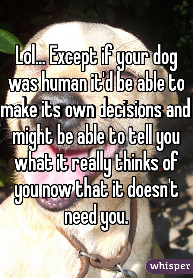 Lol... Except if your dog was human it'd be able to make its own decisions and might be able to tell you what it really thinks of you now that it doesn't need you. 