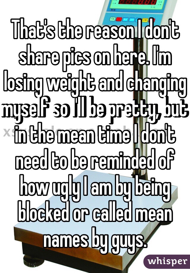 That's the reason I don't share pics on here. I'm losing weight and changing myself so I'll be pretty, but in the mean time I don't need to be reminded of how ugly I am by being blocked or called mean names by guys. 
