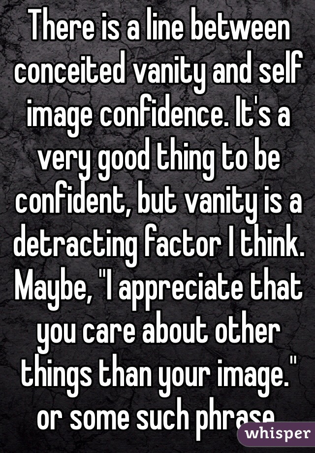 There is a line between conceited vanity and self image confidence. It's a very good thing to be confident, but vanity is a detracting factor I think. 
Maybe, "I appreciate that you care about other things than your image." or some such phrase.