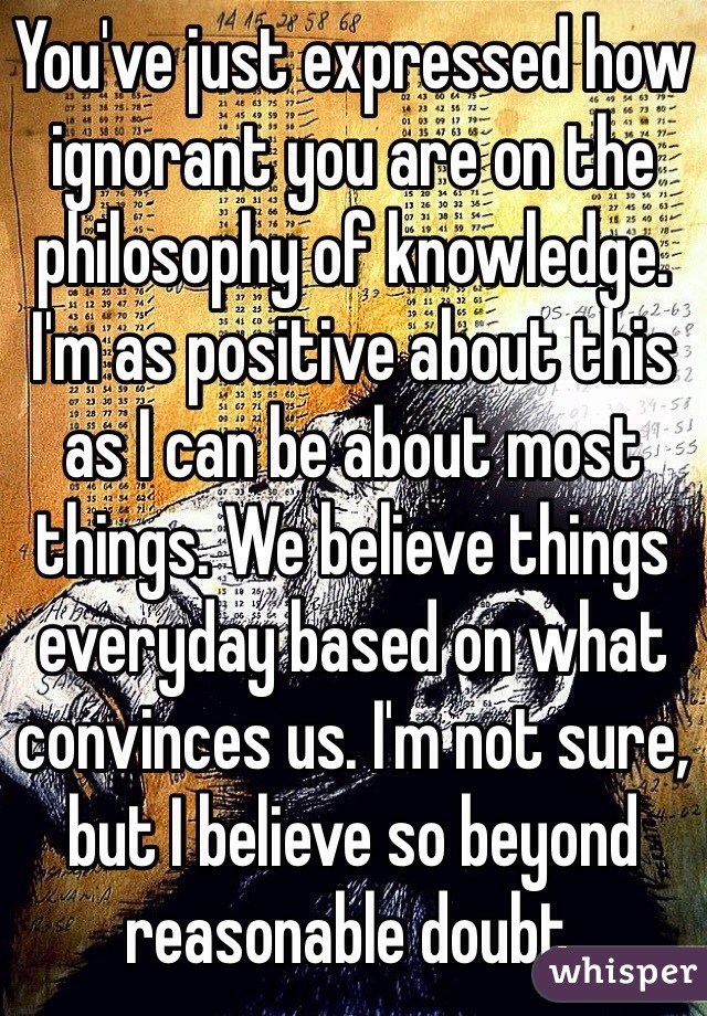 You've just expressed how ignorant you are on the philosophy of knowledge. I'm as positive about this as I can be about most things. We believe things everyday based on what convinces us. I'm not sure, but I believe so beyond reasonable doubt. 