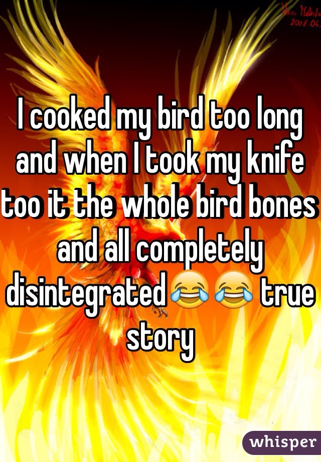 I cooked my bird too long and when I took my knife too it the whole bird bones and all completely disintegrated😂😂 true story   