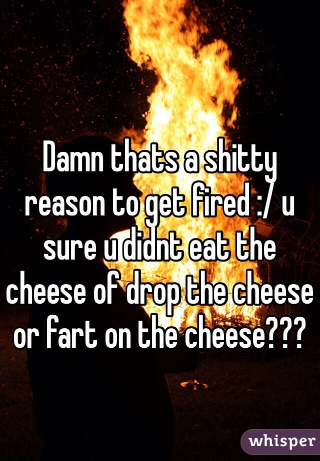 Damn thats a shitty reason to get fired :/ u sure u didnt eat the cheese of drop the cheese or fart on the cheese??? 