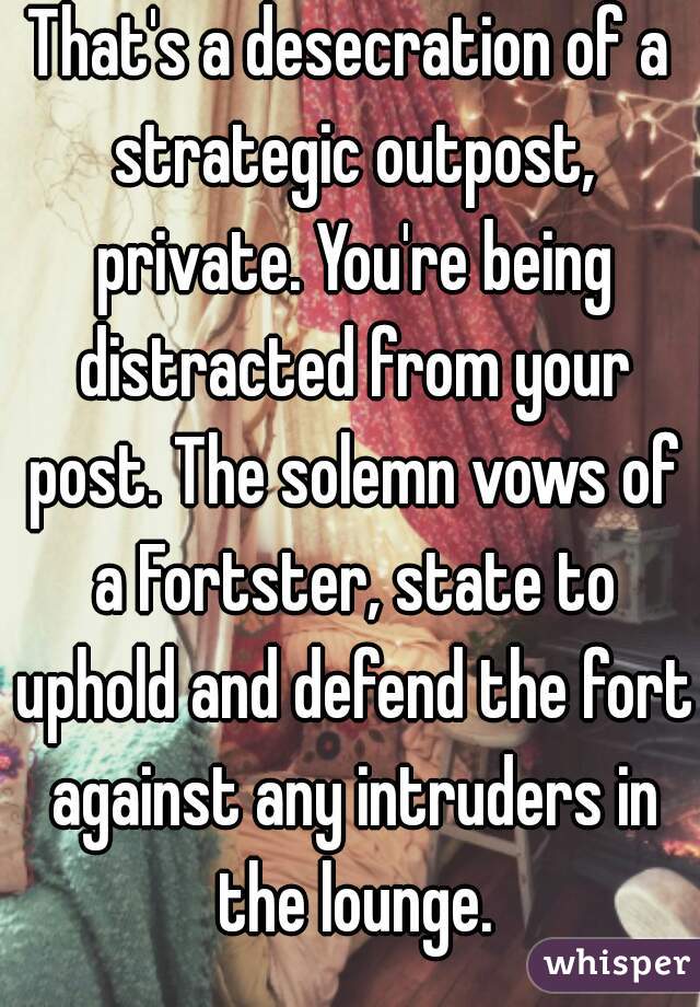 That's a desecration of a strategic outpost, private. You're being distracted from your post. The solemn vows of a Fortster, state to uphold and defend the fort against any intruders in the lounge.