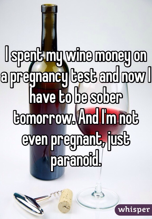 I spent my wine money on a pregnancy test and now I have to be sober tomorrow. And I'm not even pregnant, just paranoid. 