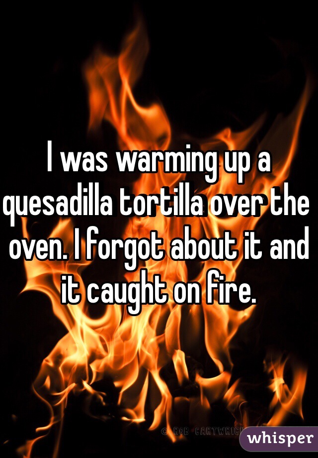 I was warming up a quesadilla tortilla over the oven. I forgot about it and it caught on fire. 