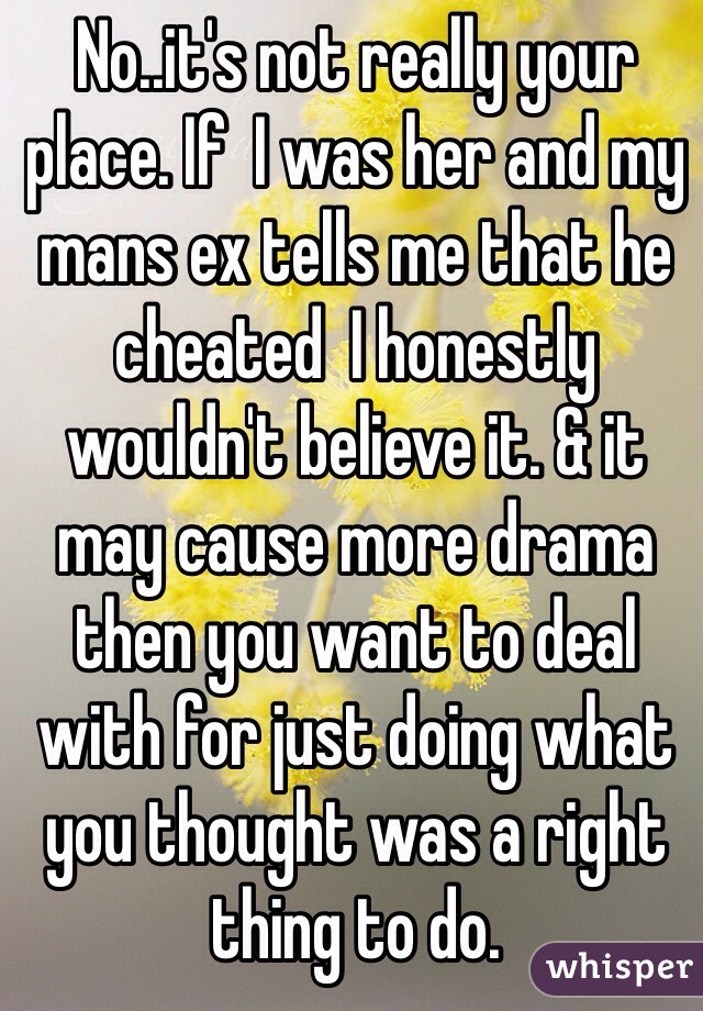 No..it's not really your place. If  I was her and my mans ex tells me that he cheated  I honestly wouldn't believe it. & it may cause more drama then you want to deal with for just doing what you thought was a right thing to do. 