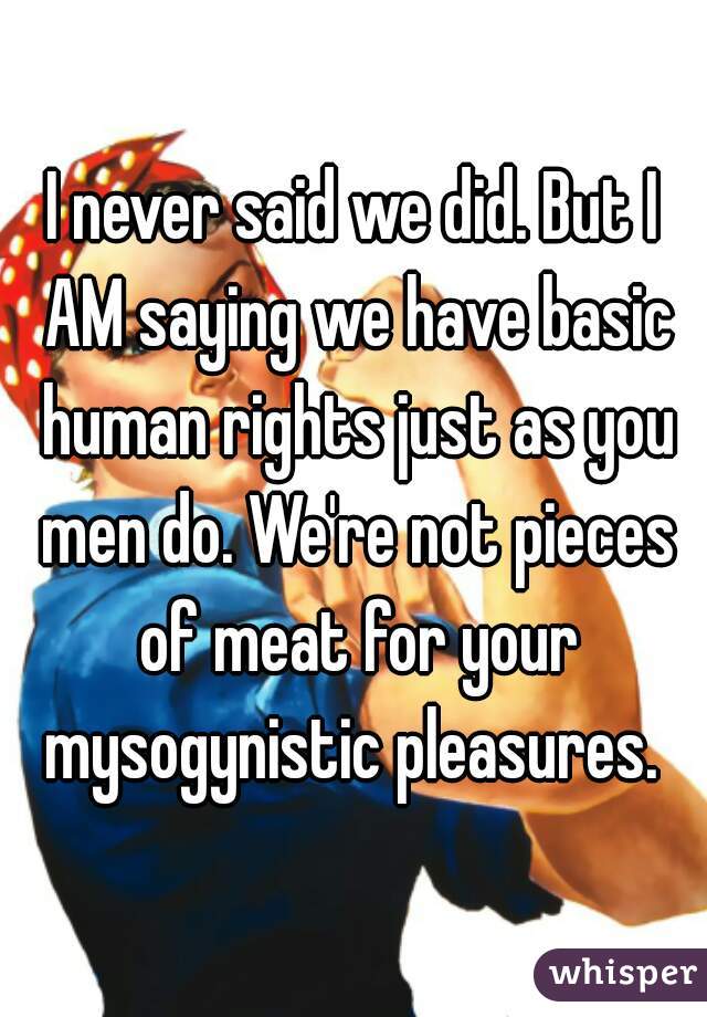 I never said we did. But I AM saying we have basic human rights just as you men do. We're not pieces of meat for your mysogynistic pleasures. 