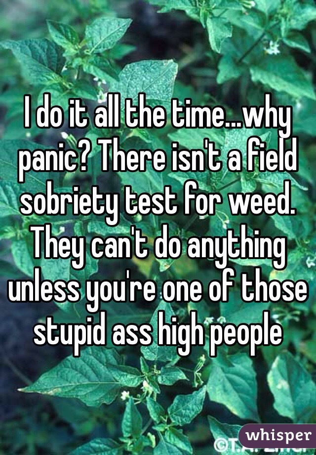 I do it all the time...why panic? There isn't a field sobriety test for weed. They can't do anything unless you're one of those stupid ass high people