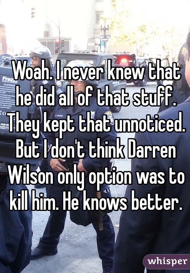 Woah. I never knew that he did all of that stuff. They kept that unnoticed. But I don't think Darren Wilson only option was to kill him. He knows better. 