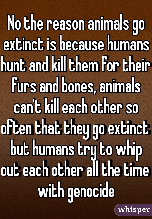 No the reason animals go extinct is because humans hunt and kill them for their furs and bones, animals can't kill each other so often that they go extinct but humans try to whip out each other all the time with genocide