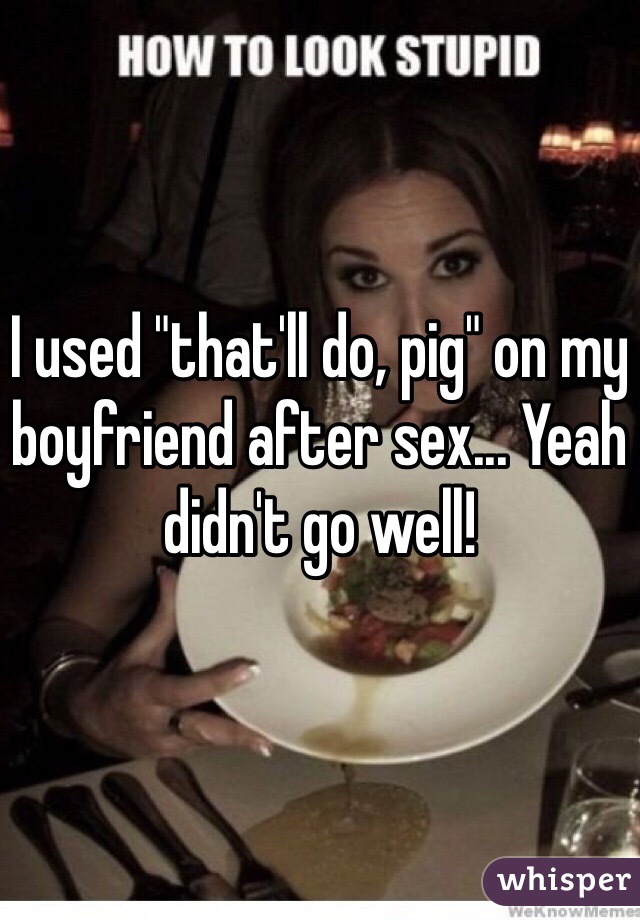 I used "that'll do, pig" on my boyfriend after sex... Yeah didn't go well!