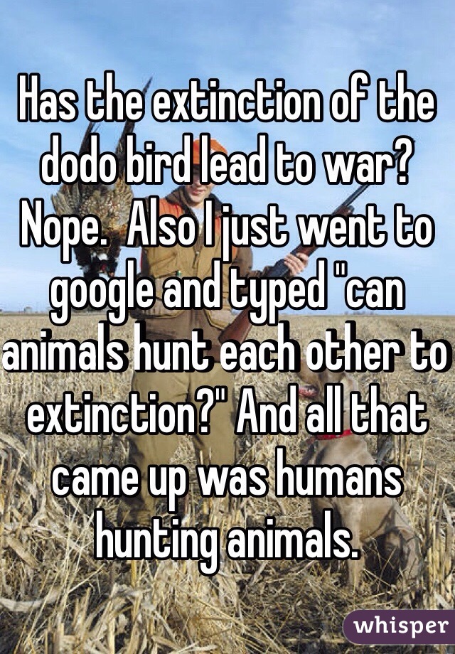 Has the extinction of the dodo bird lead to war? Nope.  Also I just went to google and typed "can animals hunt each other to extinction?" And all that came up was humans hunting animals.