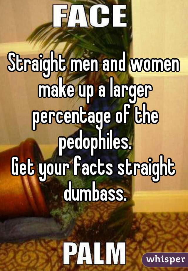 Straight men and women make up a larger percentage of the pedophiles.
Get your facts straight dumbass.